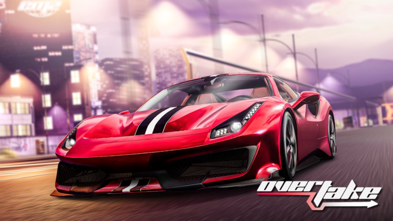Official OVERTAKE Roblox artwork of a red sports car cutting a city highway at dusk
