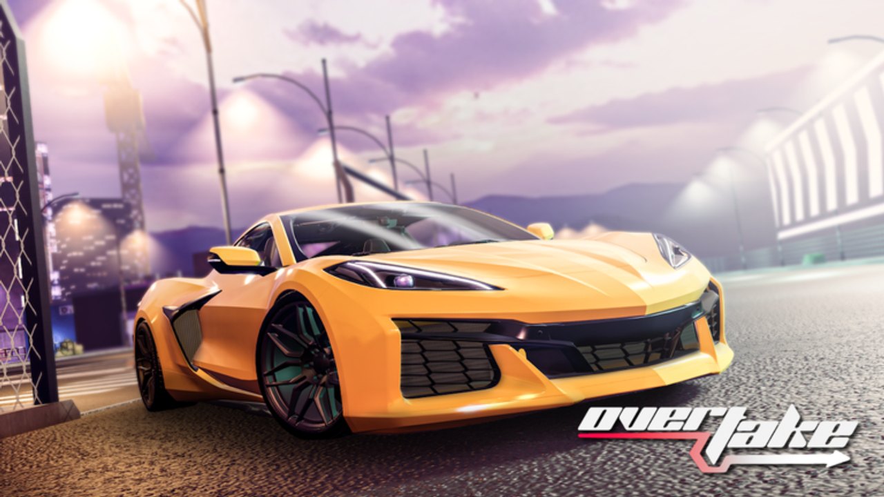 Official OVERTAKE Roblox artwork of a yellow Corvette-style coupe parked on a dusk highway